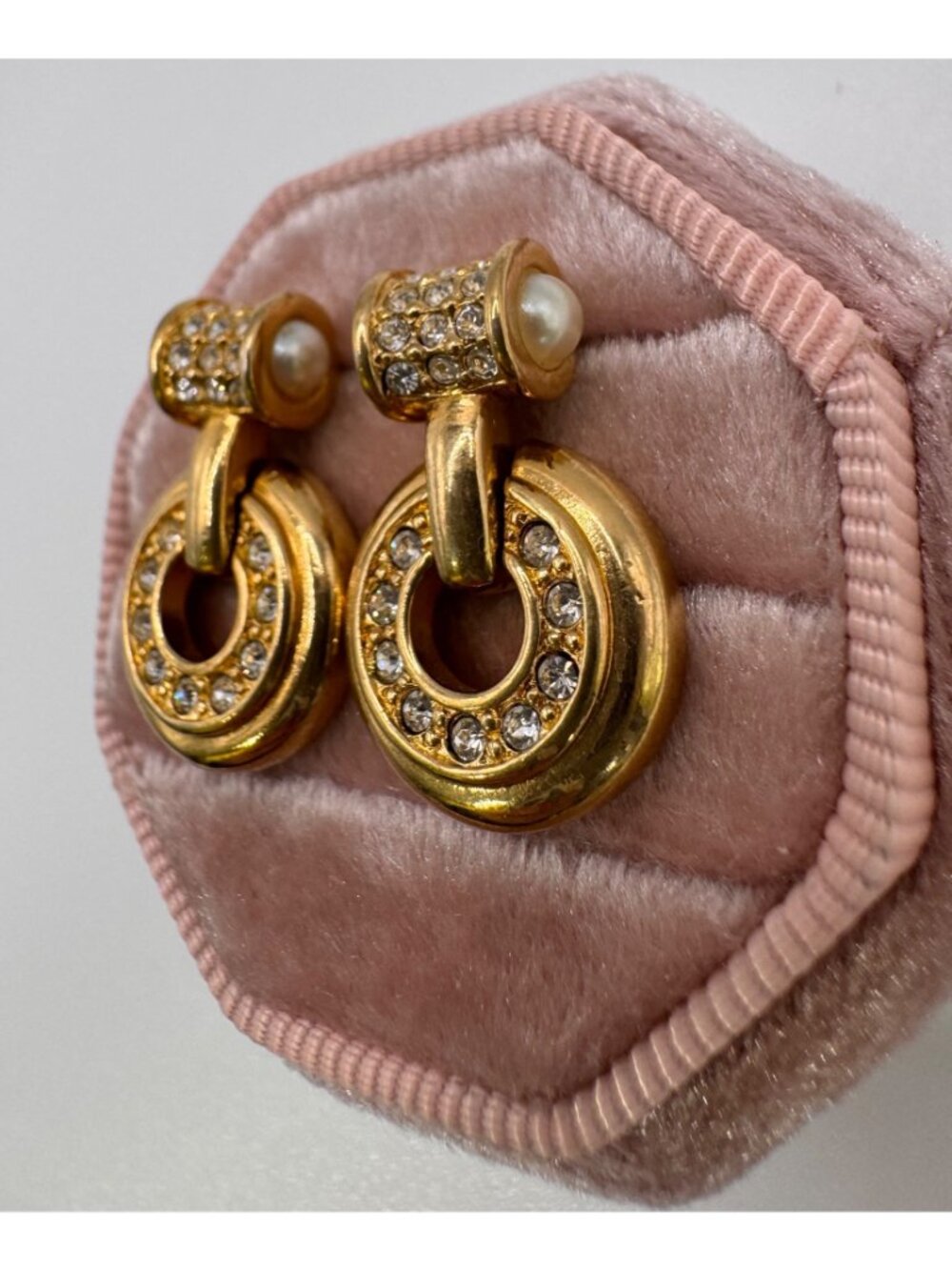 Swarovski Door Knocker Earrings Gold Tone Rhinestone Dangle Signed VTG Pierced - Picture 4 of 7
